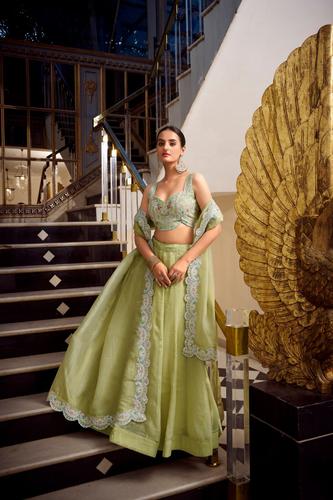 Green Crush Plain Drawstring with Zip Lehenga Choli | Ready To Wear - qivii