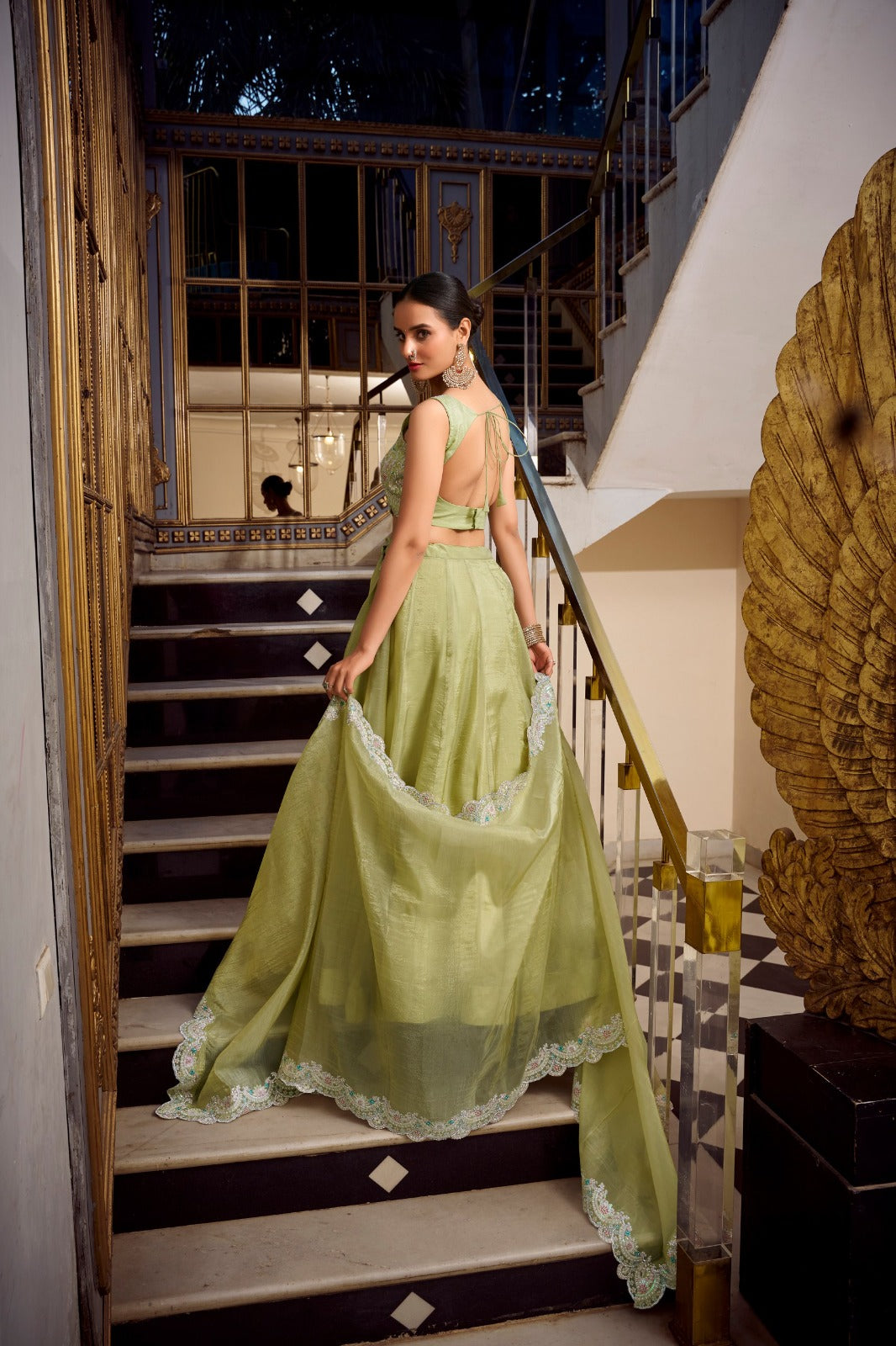 Green Crush Plain Drawstring with Zip Lehenga Choli | Ready To Wear - qivii
