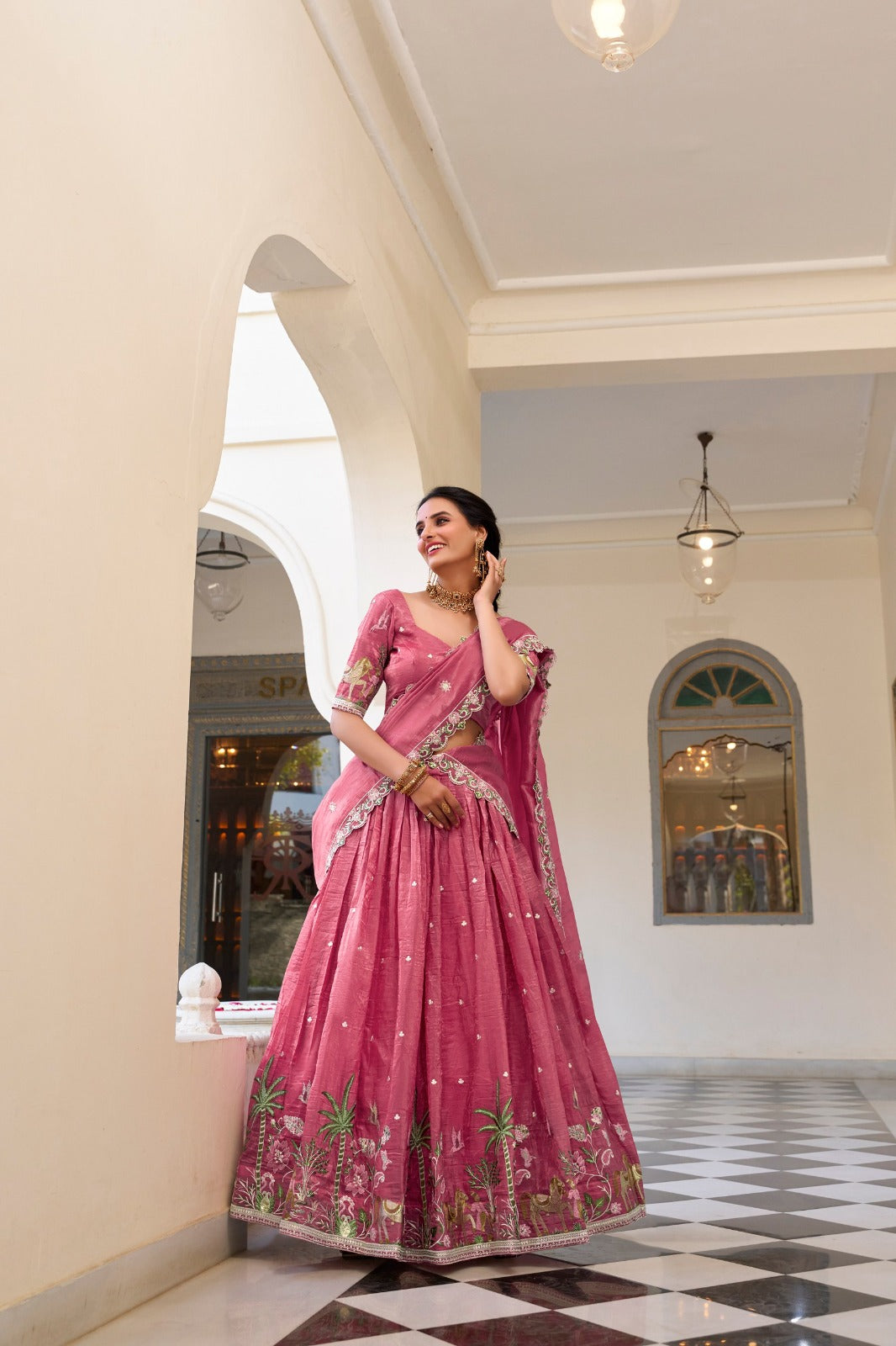 Pink Gold Crush Sequins and Thread Embroidery Work Lehenga Choli | Ready To Wear - qivii