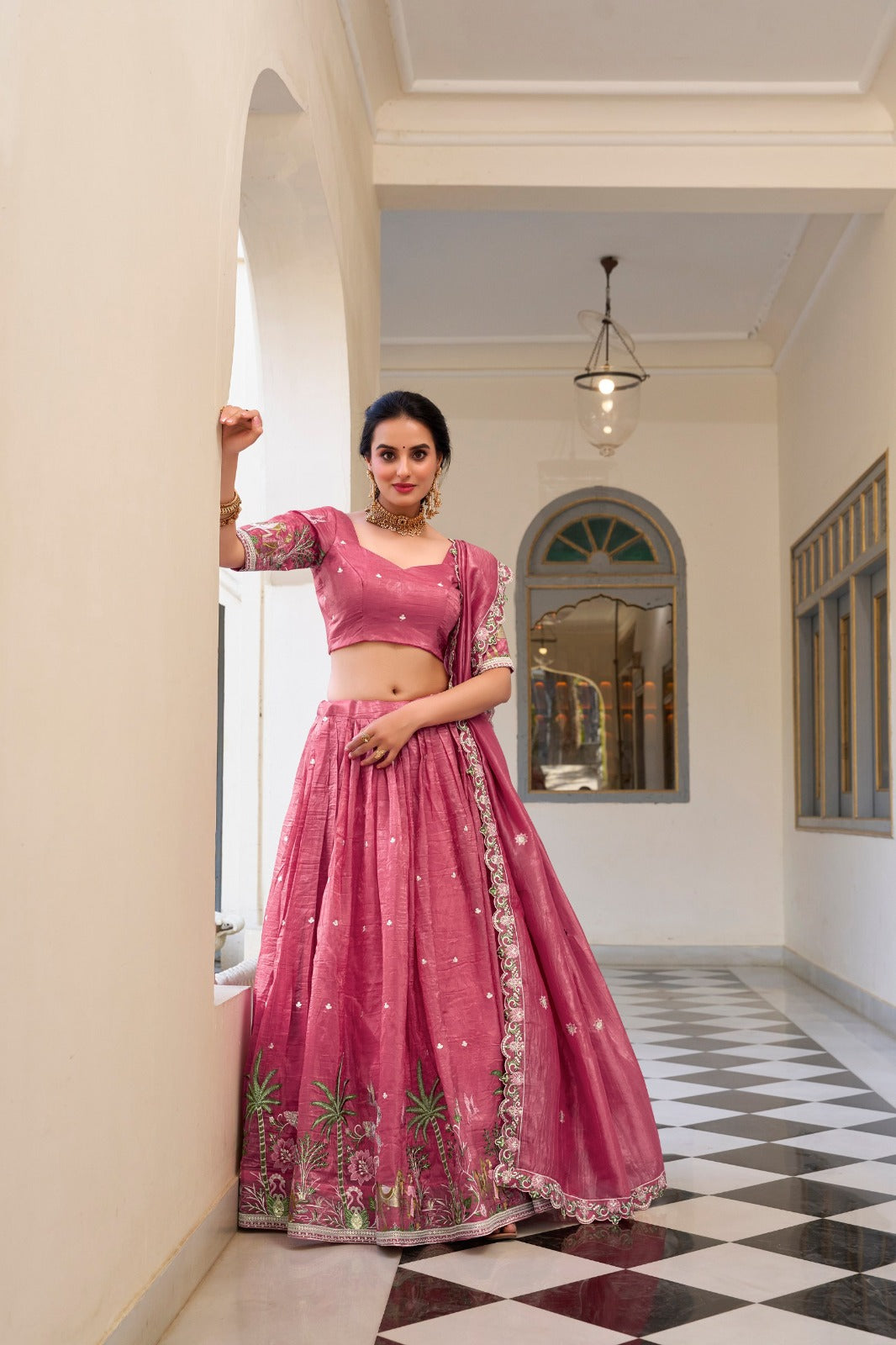 Pink Gold Crush Sequins and Thread Embroidery Work Lehenga Choli | Ready To Wear - qivii