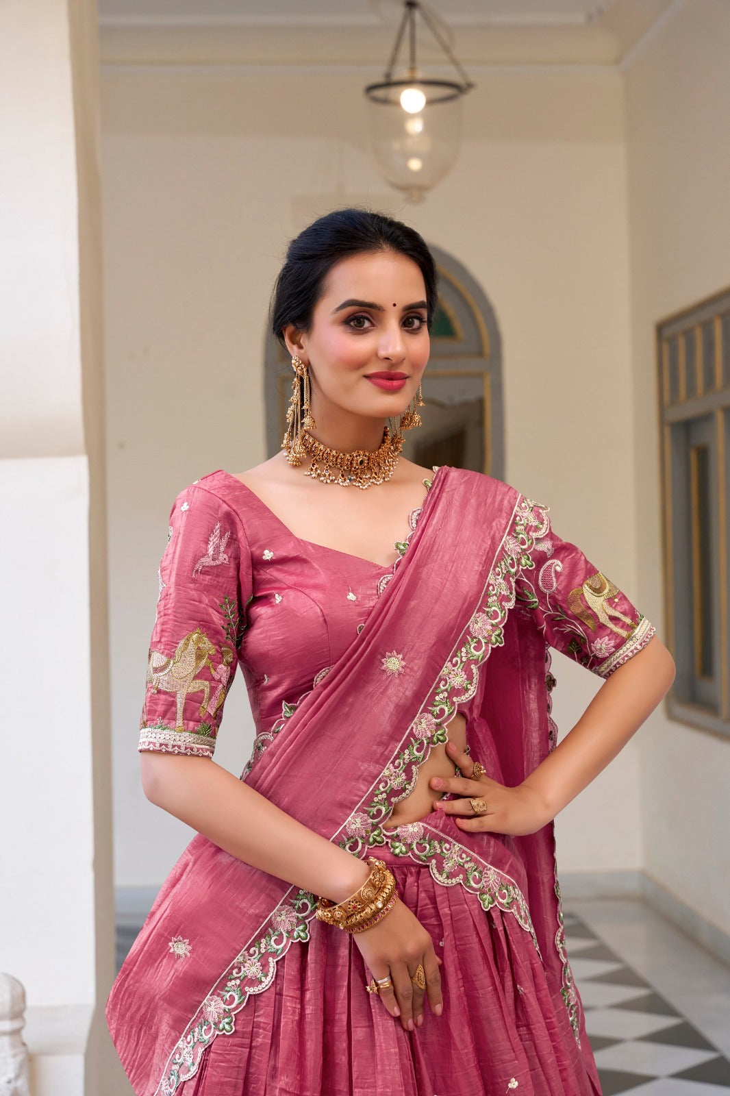 Pink Gold Crush Sequins and Thread Embroidery Work Lehenga Choli | Ready To Wear - qivii
