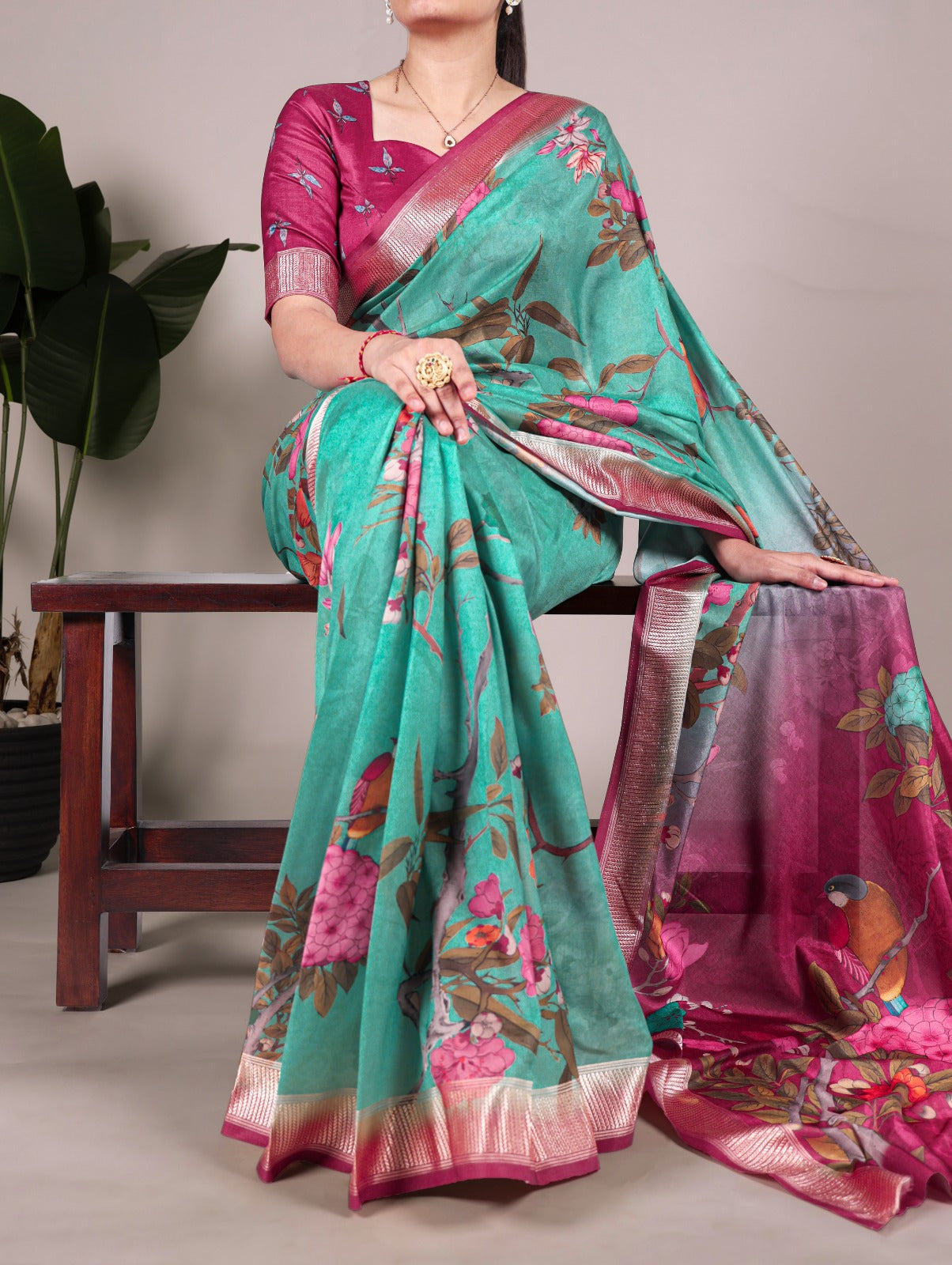 Green Tussar Silk With Viscose Border Floral Printed Saree - INSPIRED - qivii