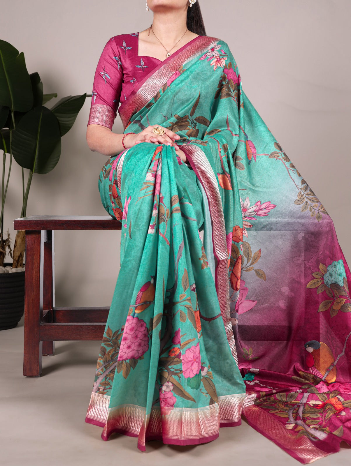 Green Tussar Silk With Viscose Border Floral Printed Saree - INSPIRED - qivii