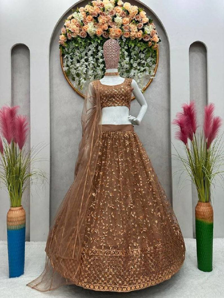 Golden Color Soft Net Wedding Wear Designer Lehenga (Fully Stitched)- inspired