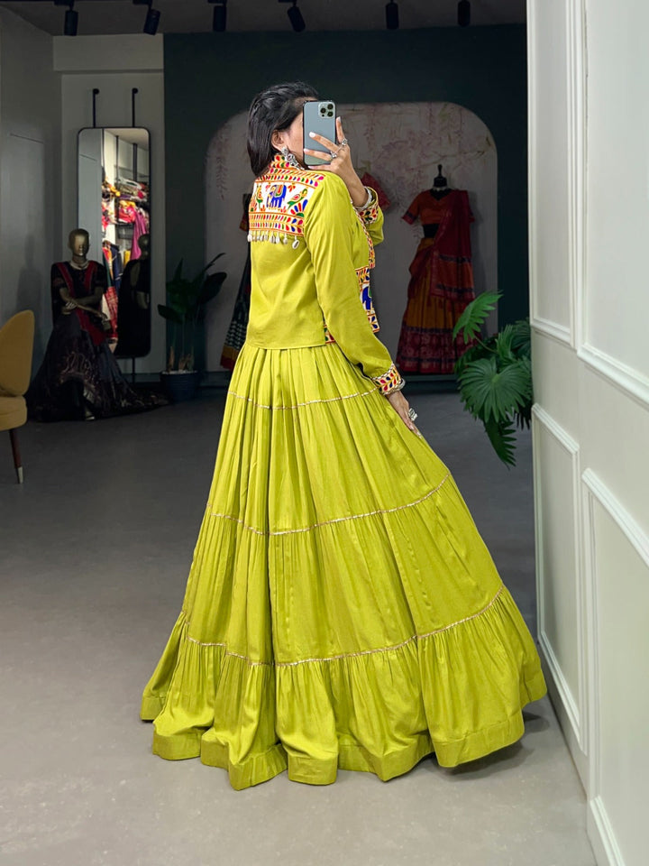 Navratri Special  Parrot Color Plain With Gota Patti  Work Lehenga & Koti Set