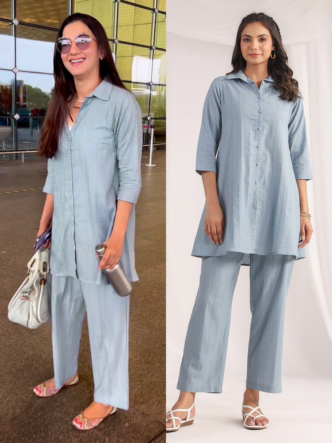 Light Blue Cotton Jacquard Self Design Shirt Co-ord Set  - By Janasya