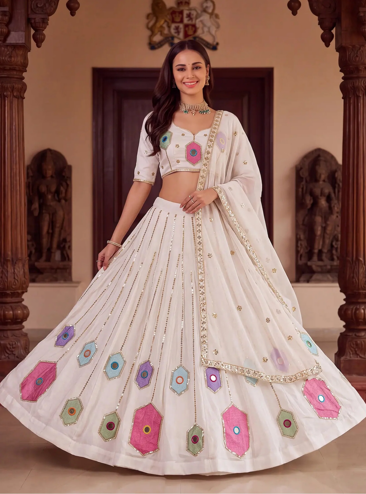 6 Meter Flair | White Navratri Lehenga With Mirror & Embroidery