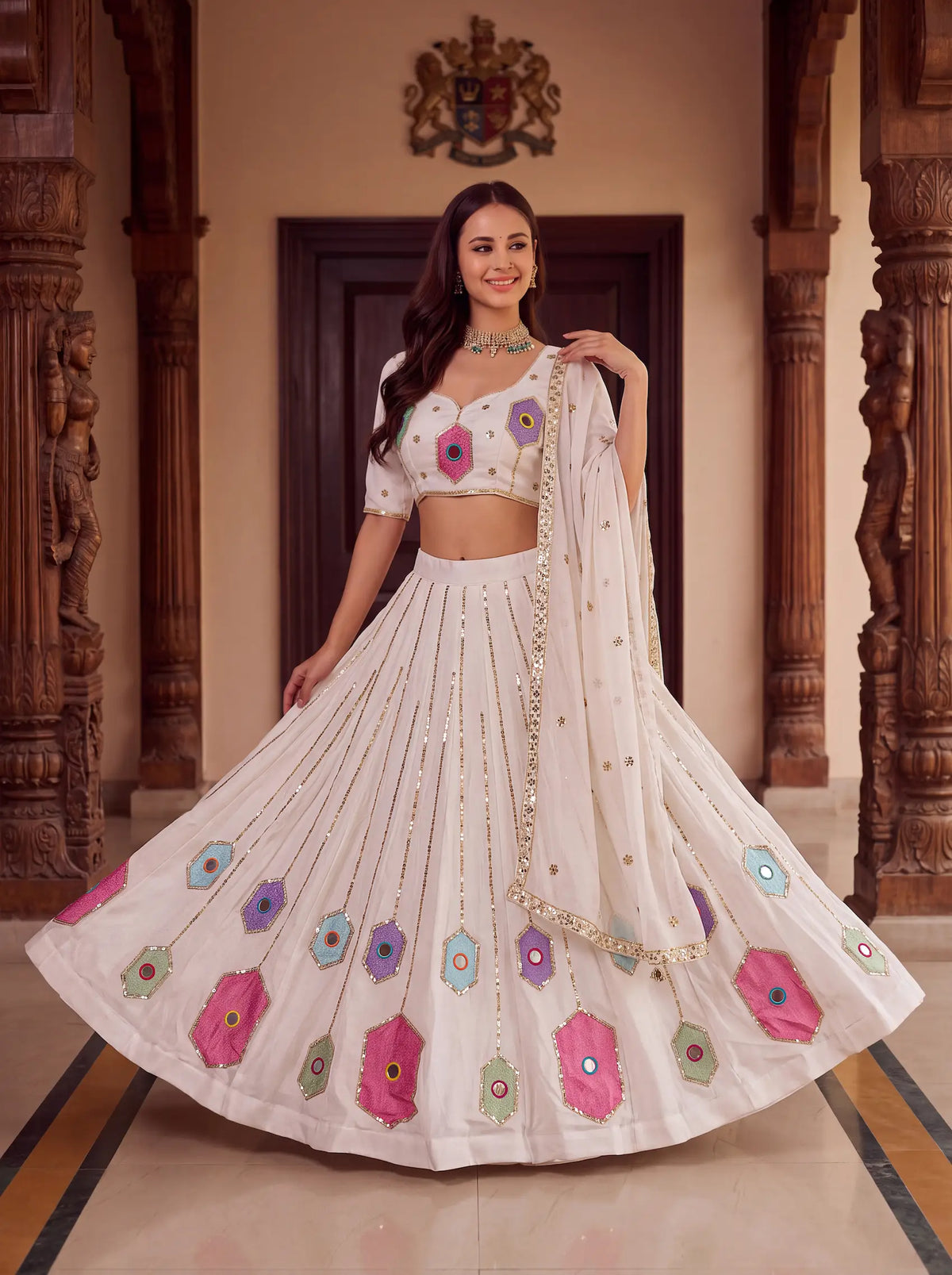 6 Meter Flair | White Navratri Lehenga With Mirror & Embroidery