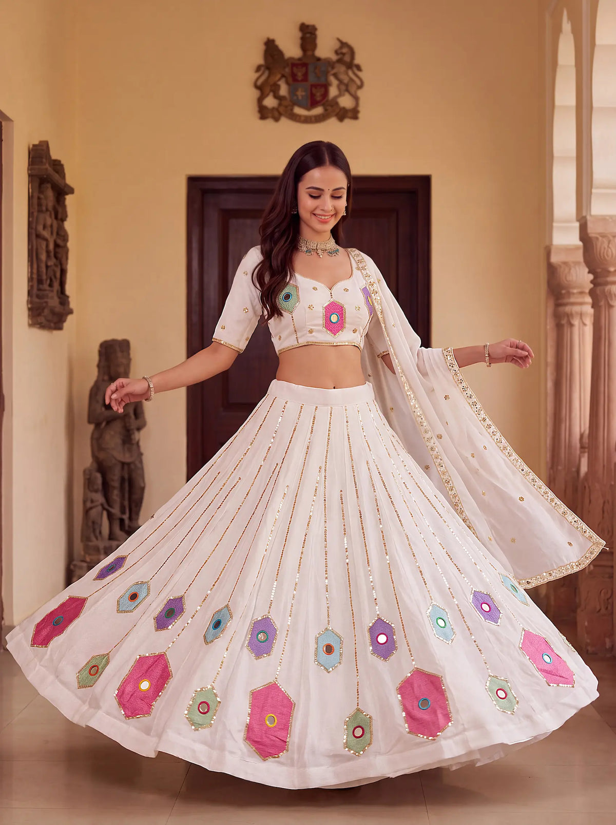 6 Meter Flair | White Navratri Lehenga With Mirror & Embroidery