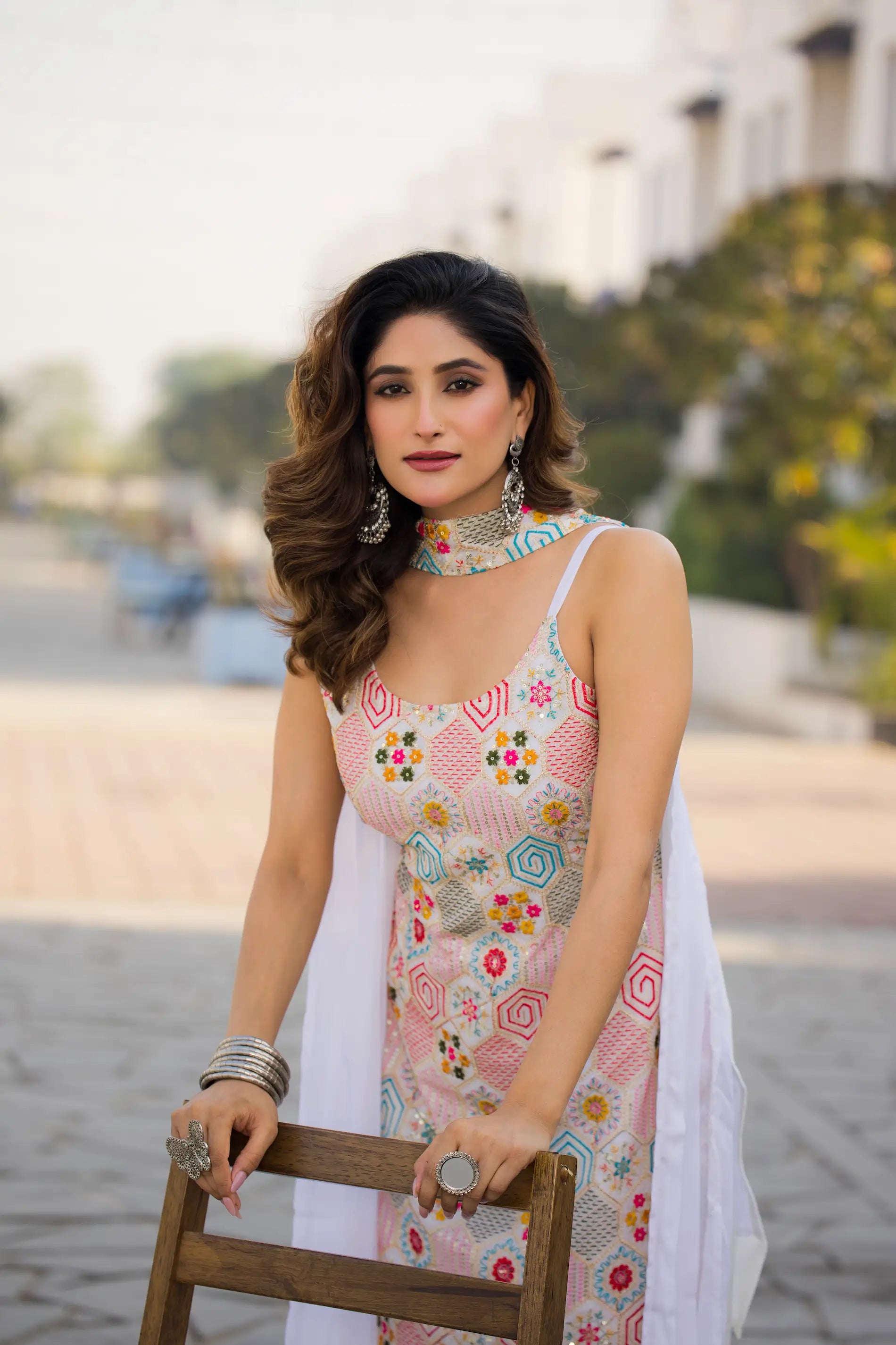 White Chinon Sequence Embroidery Work Salwar Suit - qivii