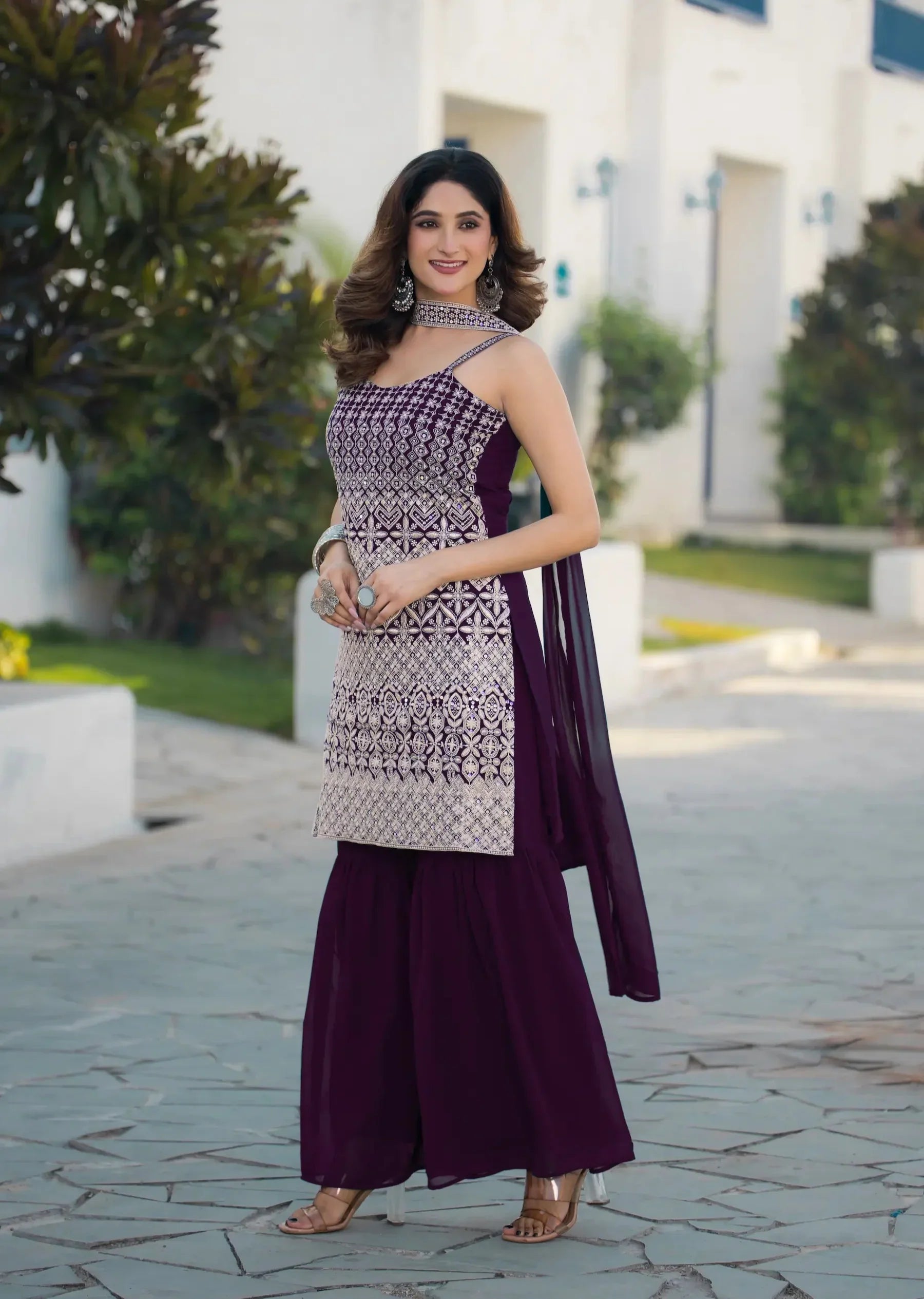 Wine Georgette Sequence Embroidery Work Salwar Suit - qivii