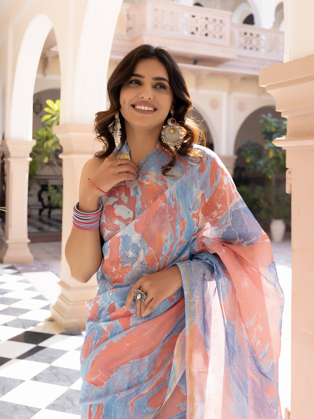 Cardinal Blue Ajrakh Cotton Saree