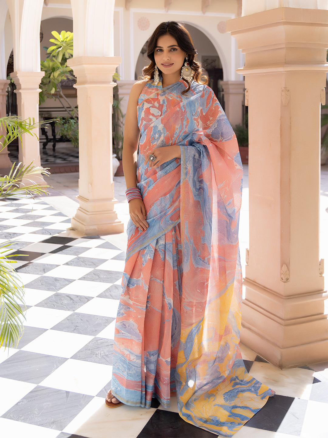 Cardinal Blue Ajrakh Cotton Saree