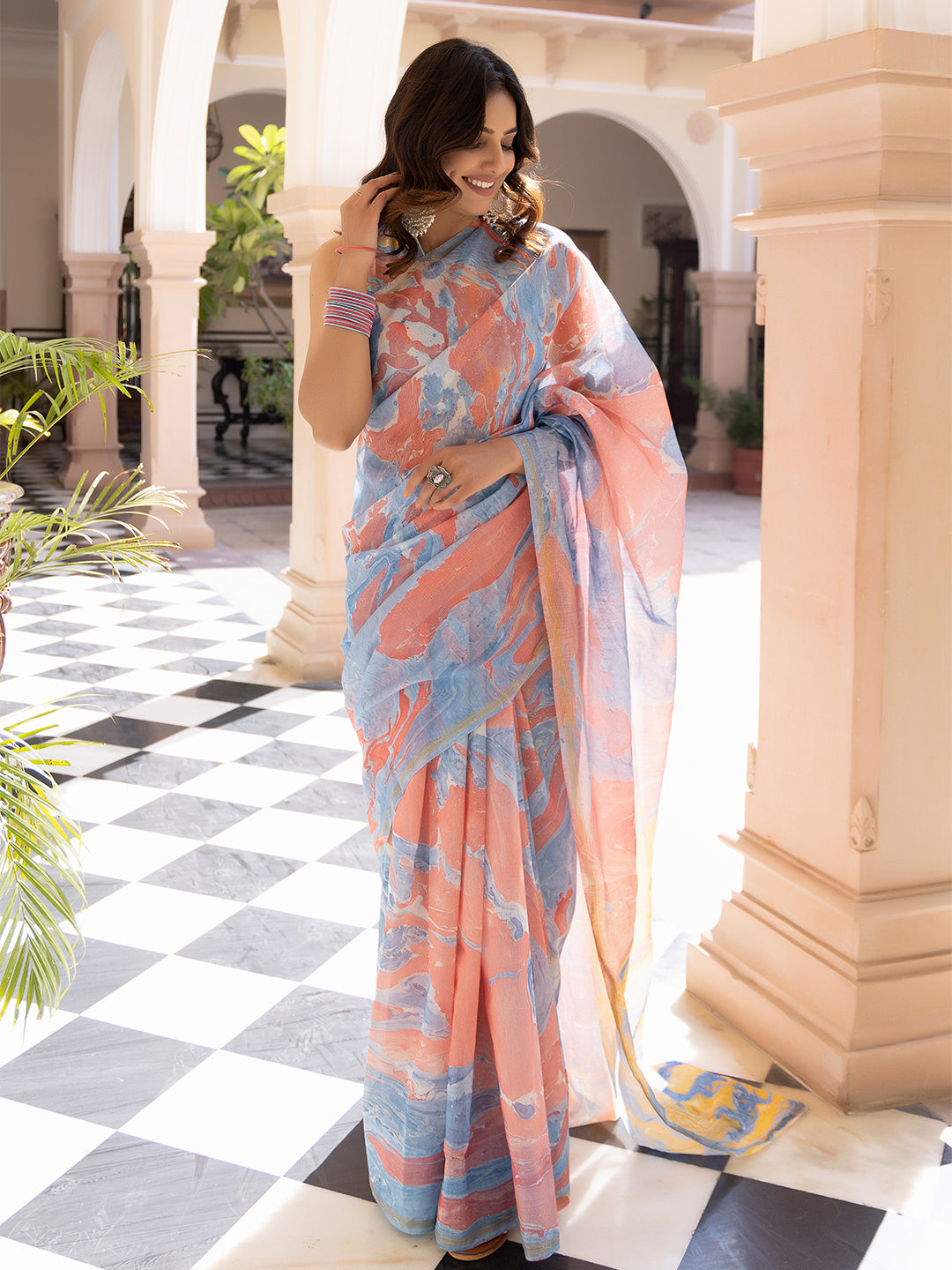 Cardinal Blue Ajrakh Cotton Saree