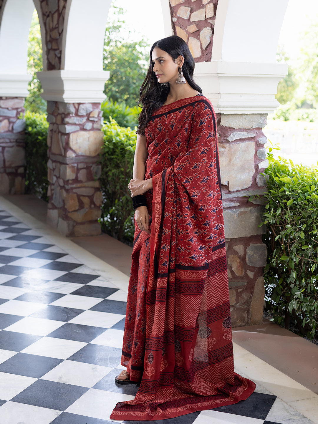 Cardinal Blue Ajrakh Cotton Saree