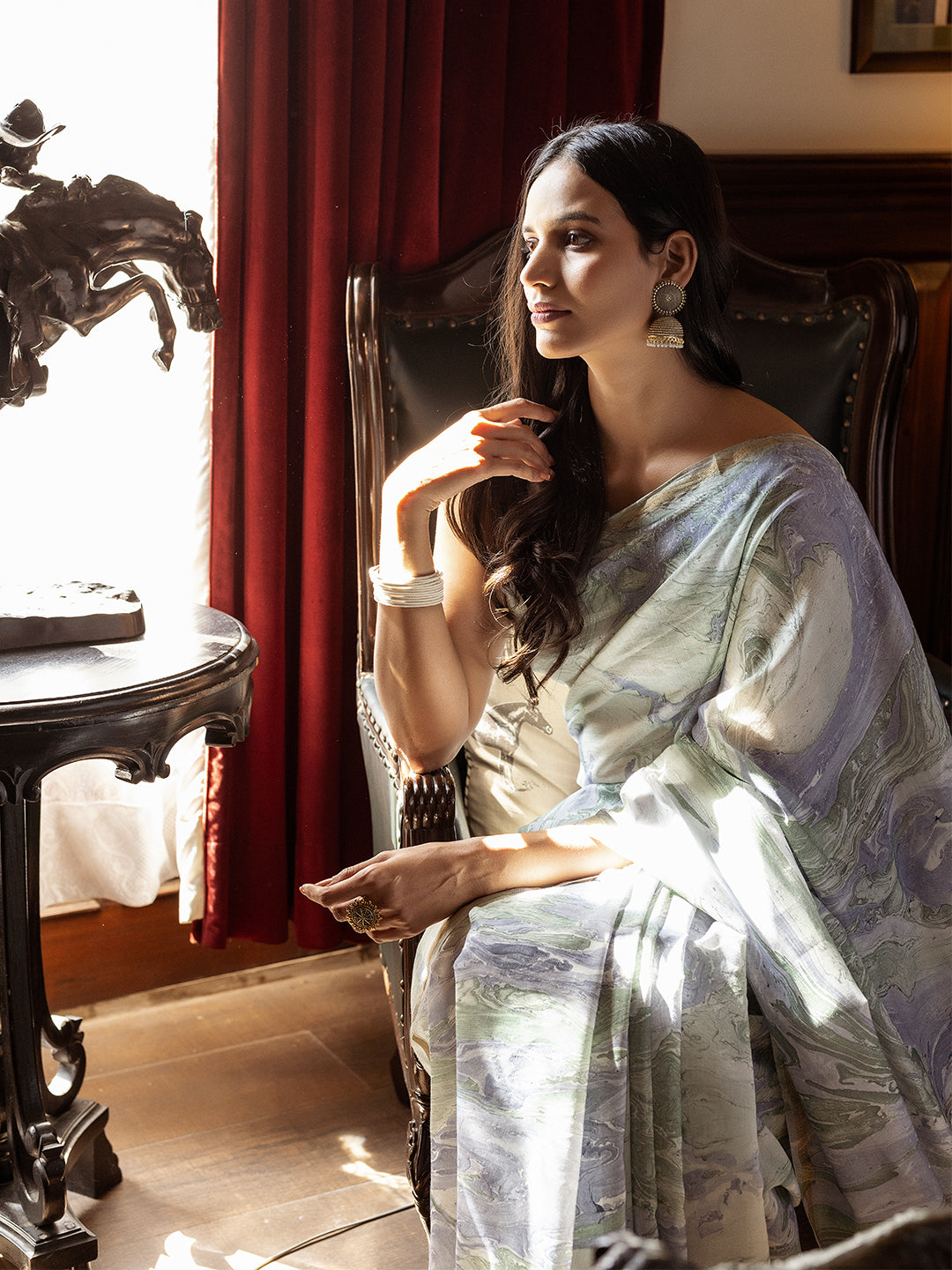 Sky-Blue Marble Chanderi Saree  - By Ragavi - qivii