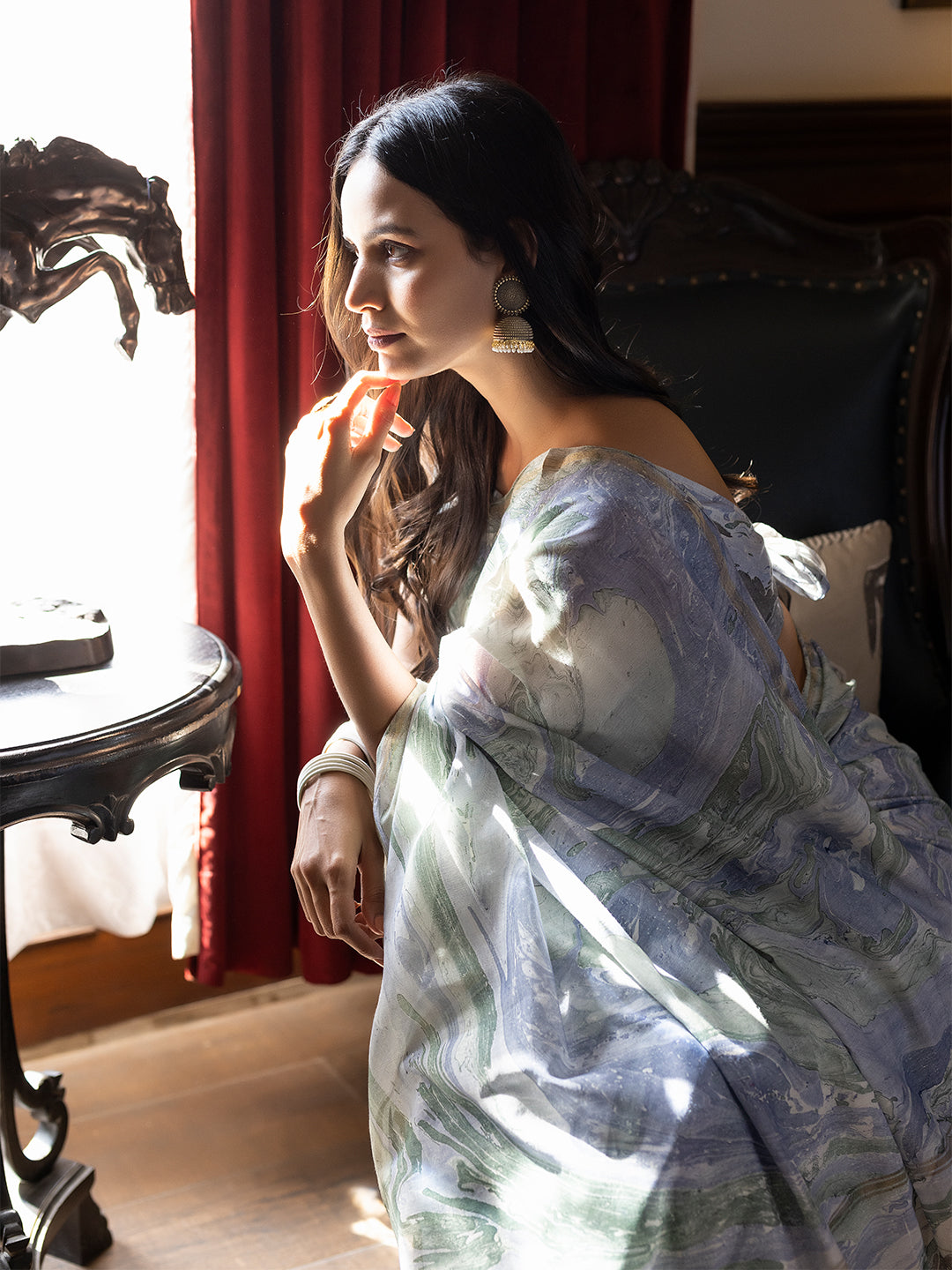 Sky-Blue Marble Chanderi Saree  - By Ragavi - qivii