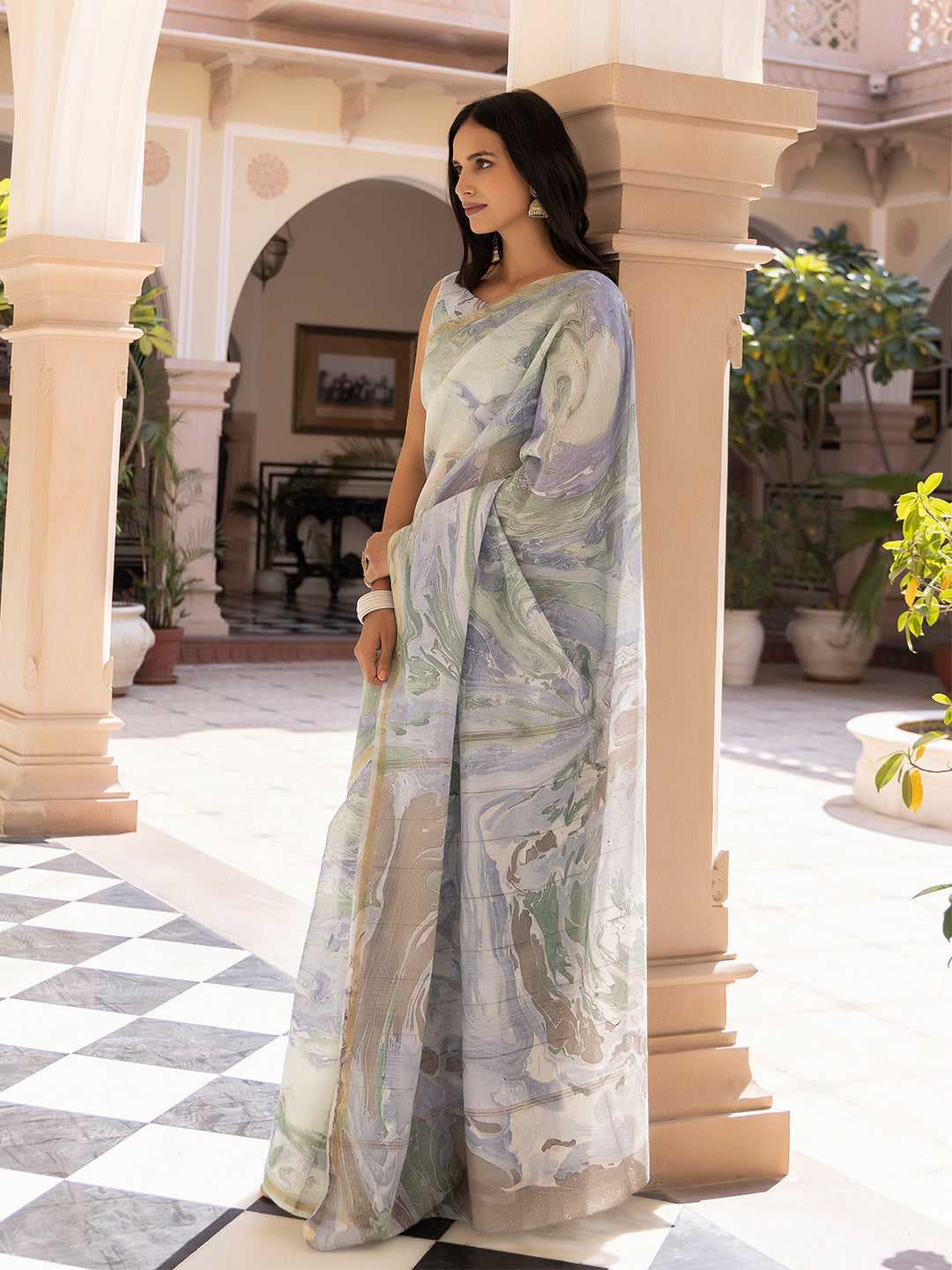 Sky-Blue Marble Chanderi Saree  - By Ragavi - qivii