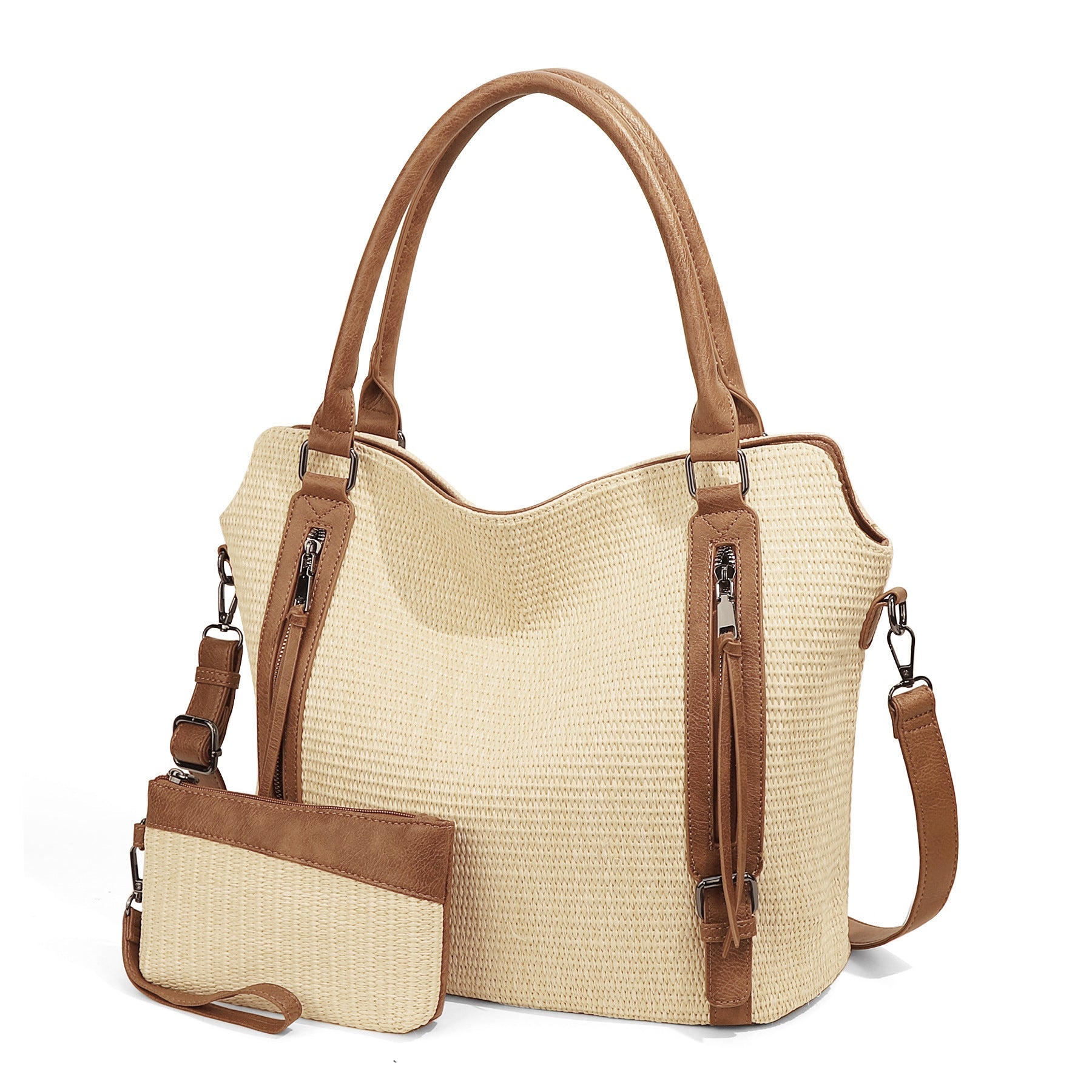 Ounamei Plaid Carry-All Hobo Tote Bag with Pouch for Women | PU Leather & Canvas Large-Capacity Shoulder & Crossbody Bag for Daily Use