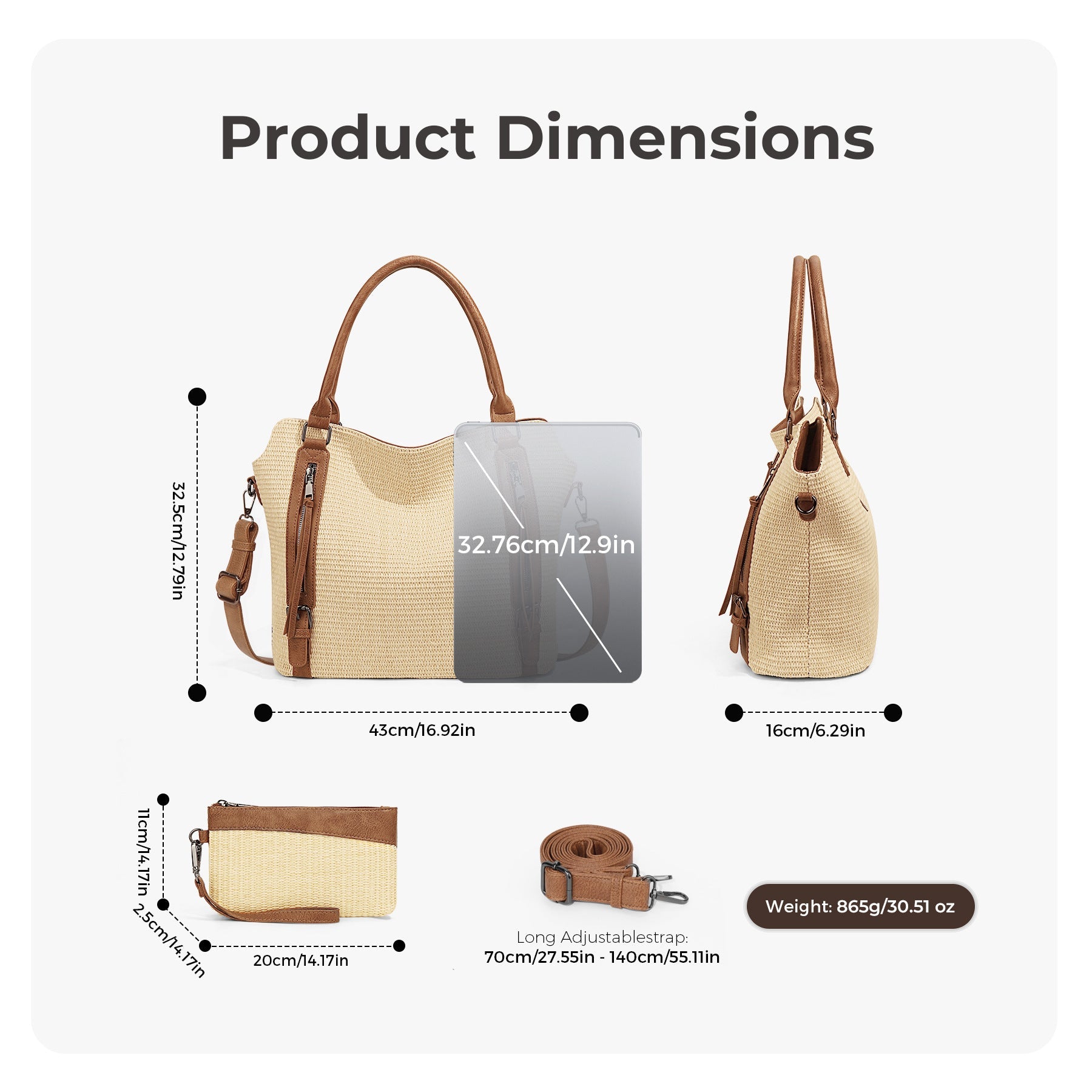 Ounamei Plaid Carry-All Hobo Tote Bag with Pouch for Women | PU Leather & Canvas Large-Capacity Shoulder & Crossbody Bag for Daily Use