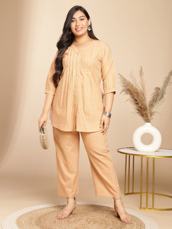 Peach Cotton Jacquard Self Design Pleated Co-Ord Set  - By Janasya