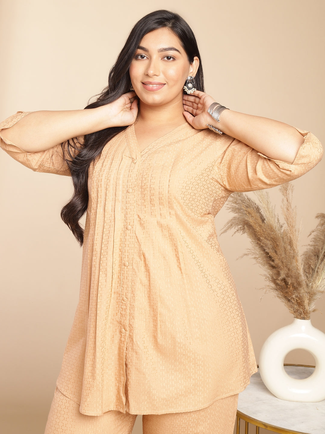 Peach Cotton Jacquard Self Design Pleated Co-Ord Set  - By Janasya