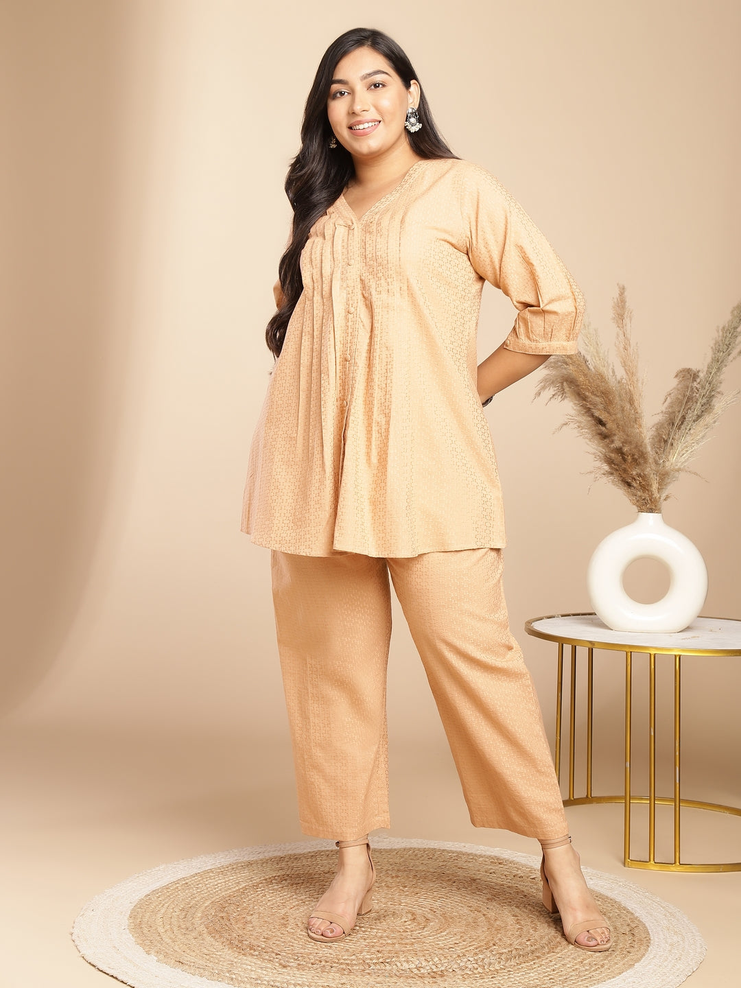 Peach Cotton Jacquard Self Design Pleated Co-Ord Set  - By Janasya