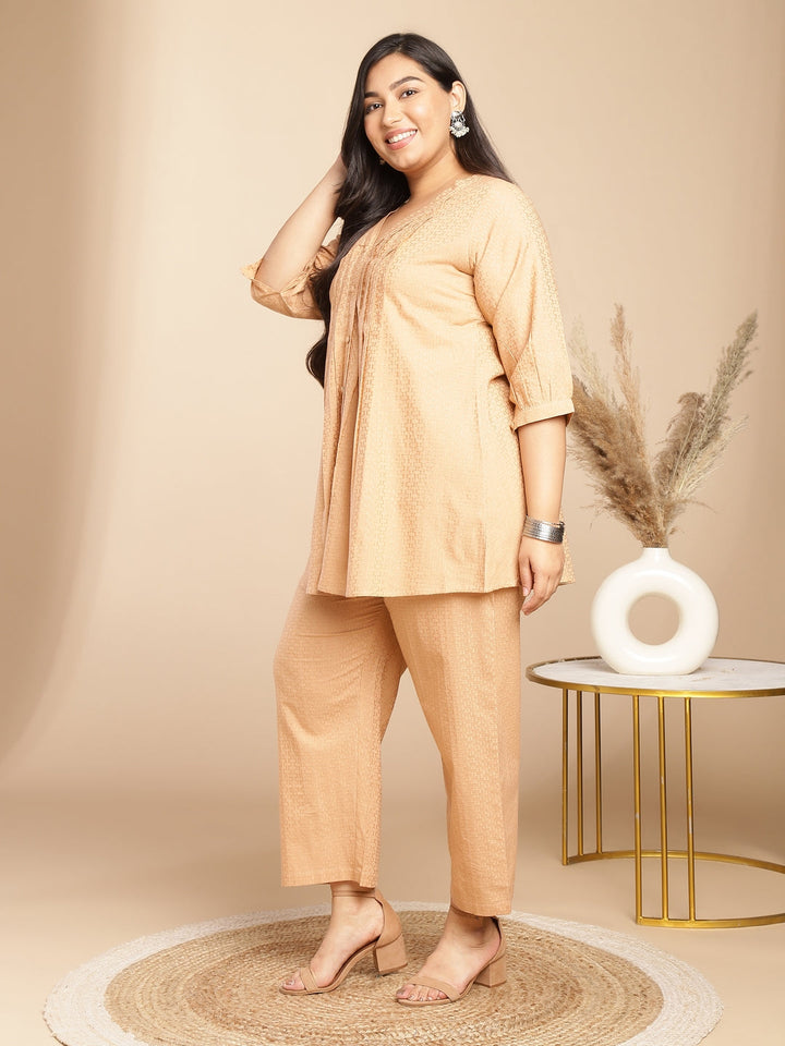 Peach Cotton Jacquard Self Design Pleated Co-Ord Set  - By Janasya