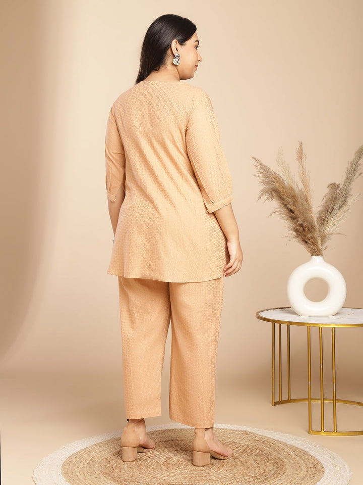 Peach Cotton Jacquard Self Design Pleated Co-Ord Set  - By Janasya