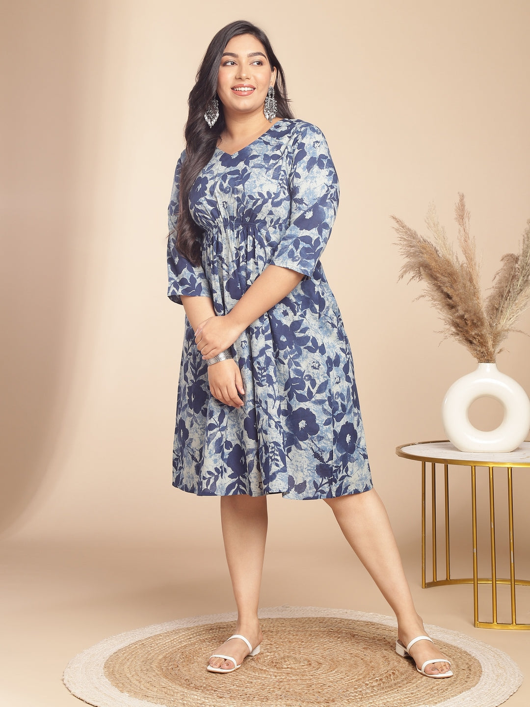 Plus Size Indigo Cotton Floral Gathered Dress - qivii
