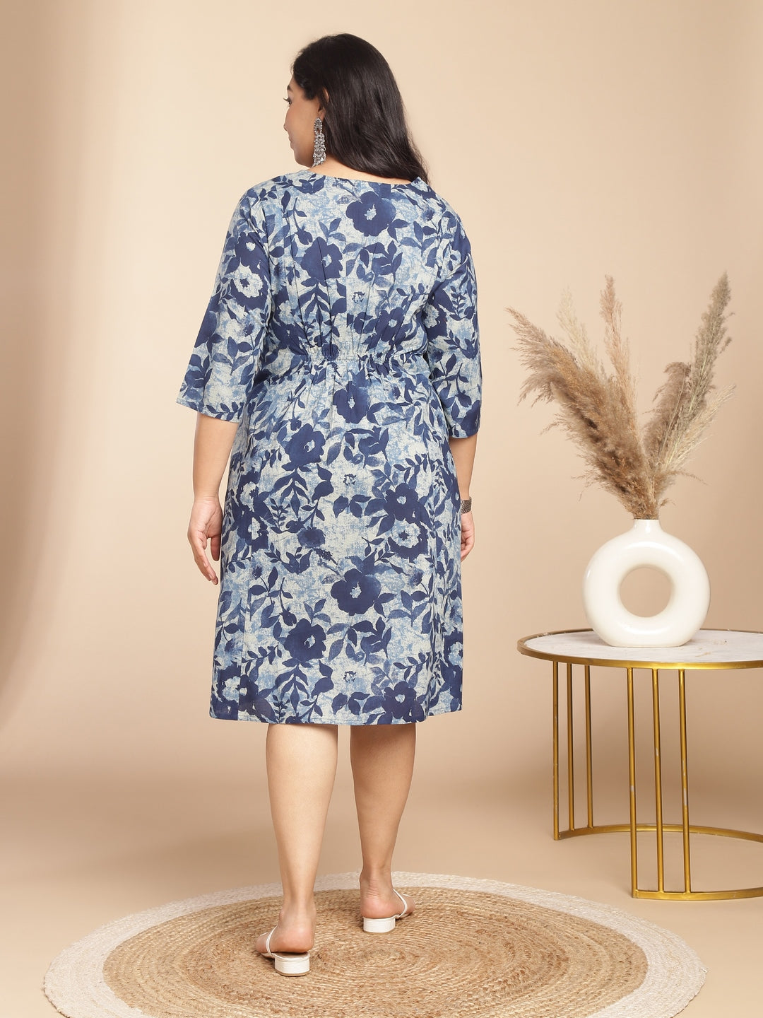 Plus Size Indigo Cotton Floral Gathered Dress - qivii