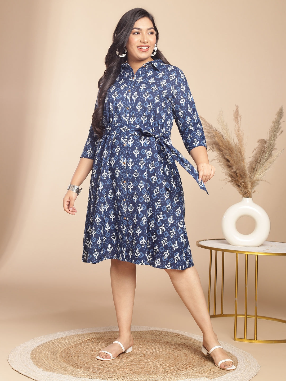 Indigo Cotton Ethnic Motifs Button Down Shirt Style Dress  - By Janasya