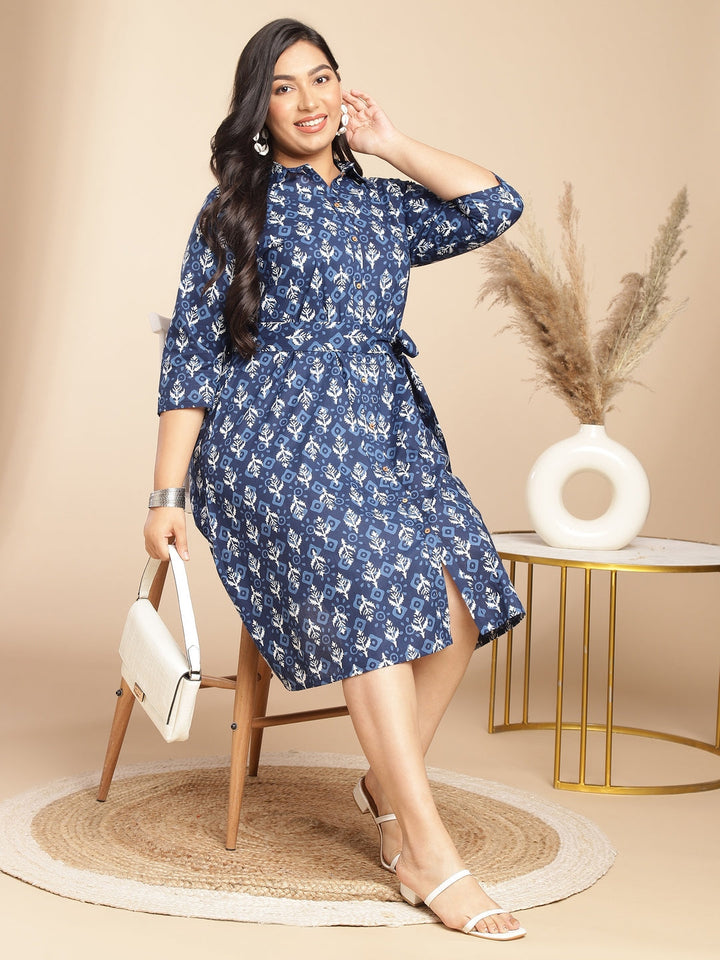 Indigo Cotton Ethnic Motifs Button Down Shirt Style Dress  - By Janasya