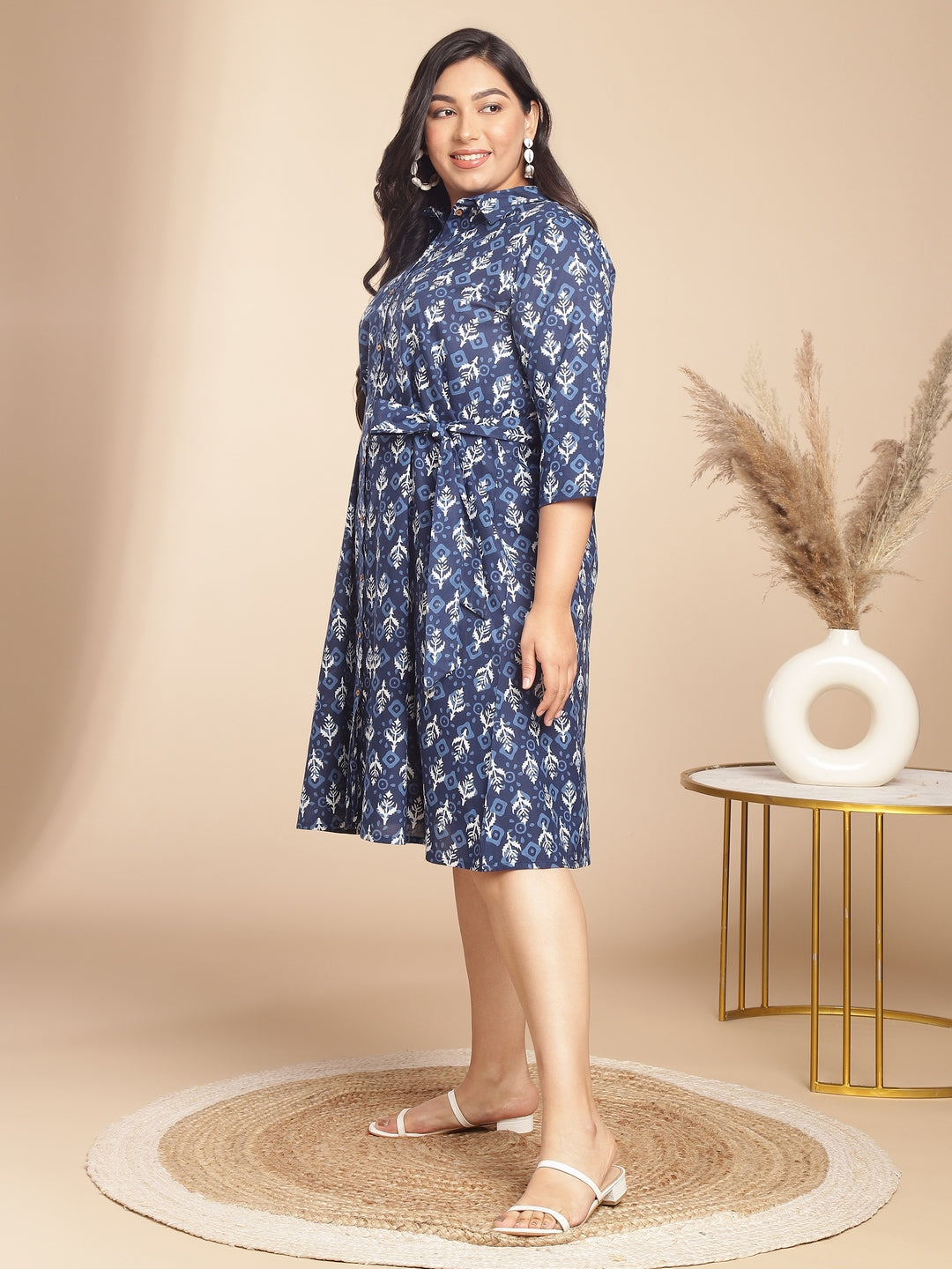 Indigo Cotton Ethnic Motifs Button Down Shirt Style Dress  - By Janasya