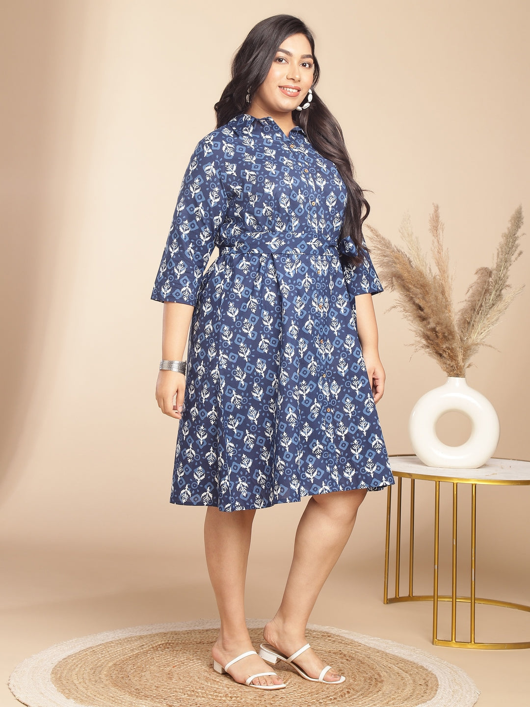 Indigo Cotton Ethnic Motifs Button Down Shirt Style Dress  - By Janasya