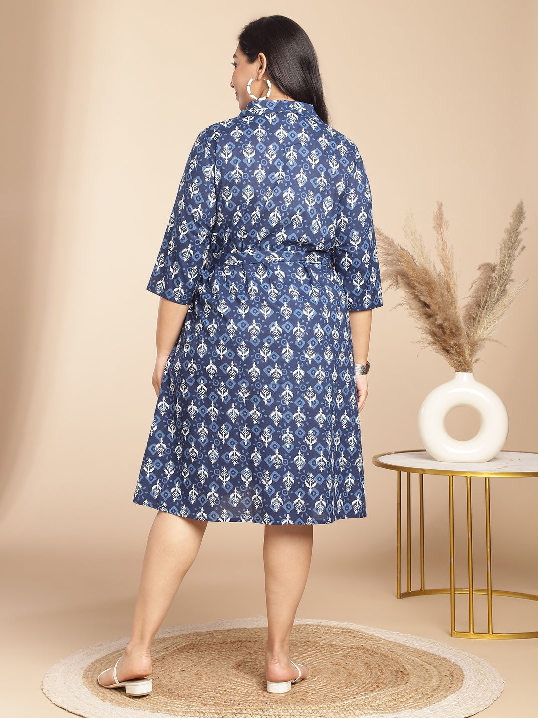 Indigo Cotton Ethnic Motifs Button Down Shirt Style Dress  - By Janasya