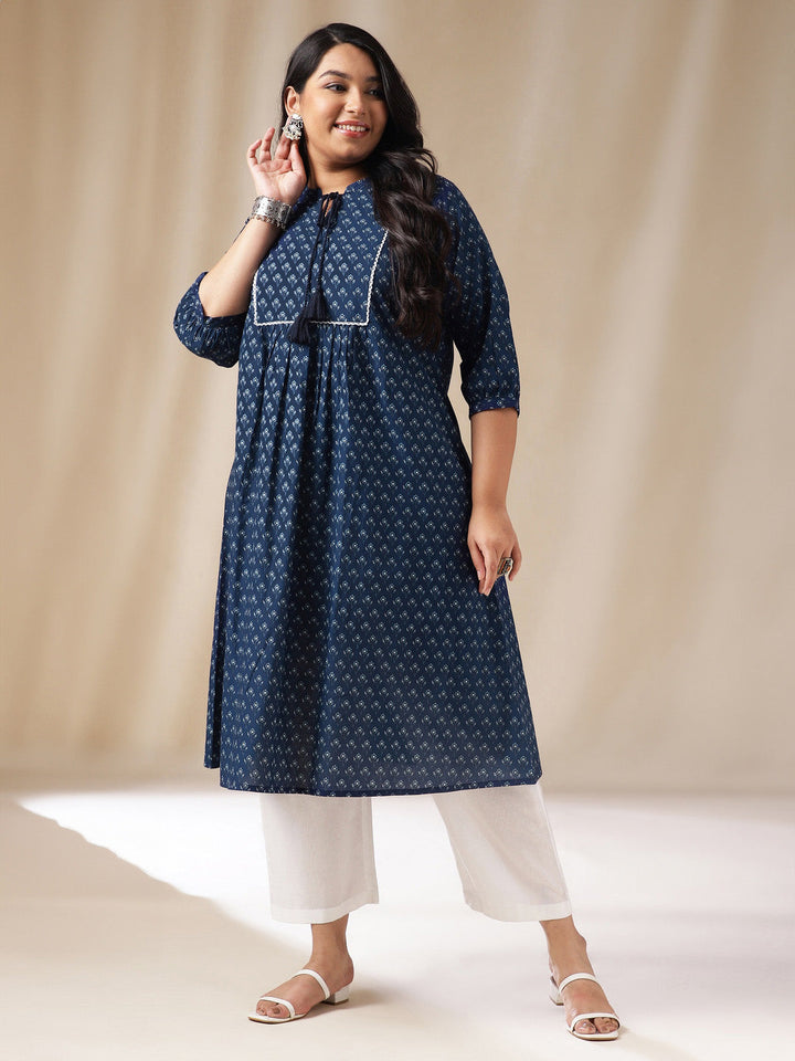 Plus Size Indigo Cotton Floral A-Line Kurta  - By Janasya