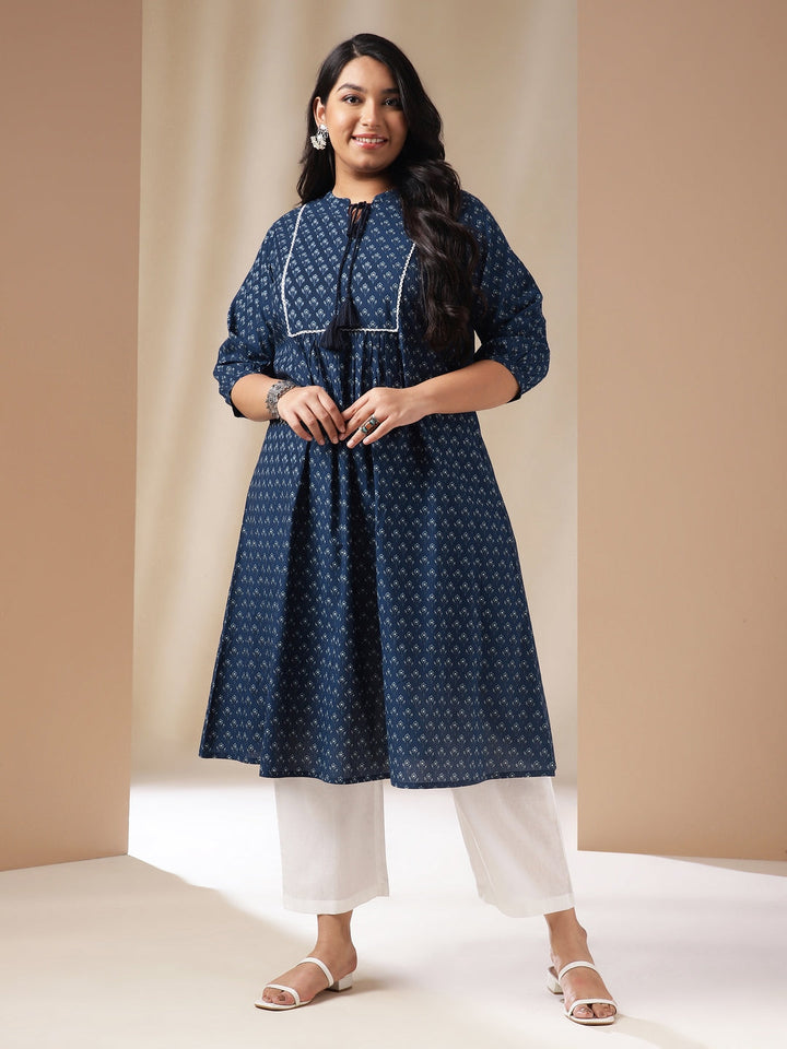 Plus Size Indigo Cotton Floral A-Line Kurta  - By Janasya