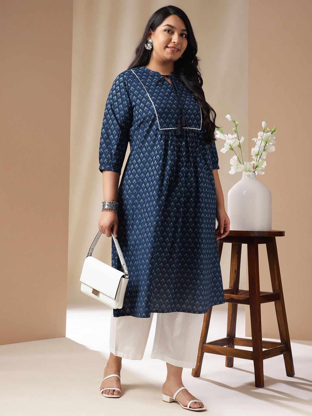 Plus Size Indigo Cotton Floral A-Line Kurta  - By Janasya