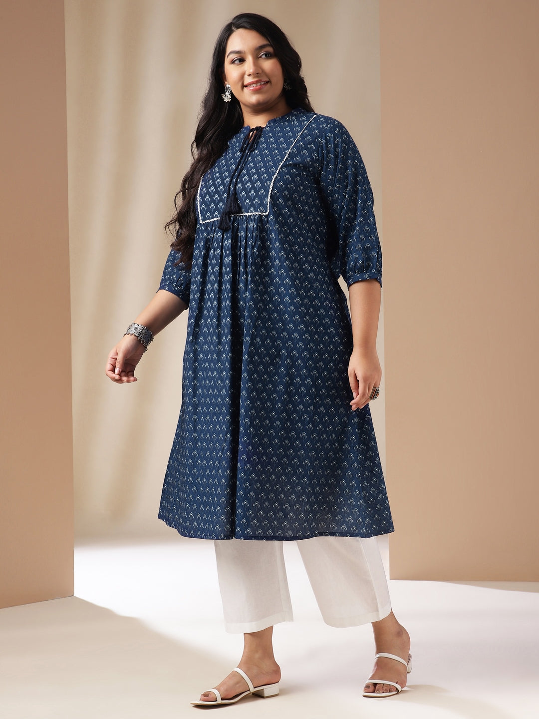 Plus Size Indigo Cotton Floral A-Line Kurta  - By Janasya