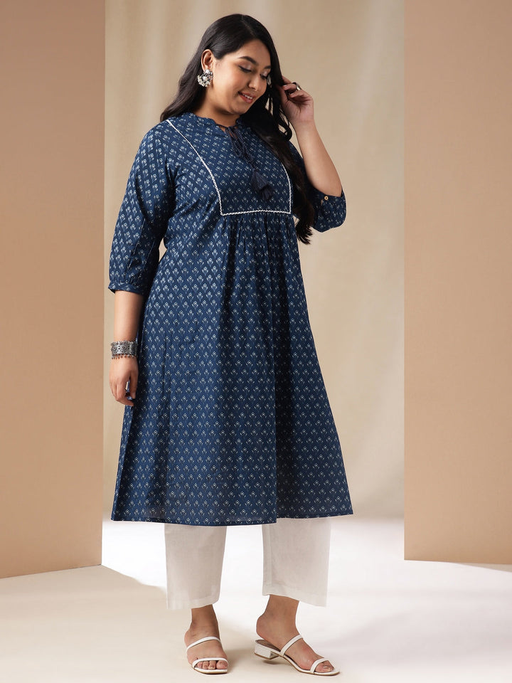 Plus Size Indigo Cotton Floral A-Line Kurta  - By Janasya