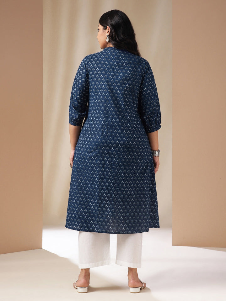 Plus Size Indigo Cotton Floral A-Line Kurta  - By Janasya