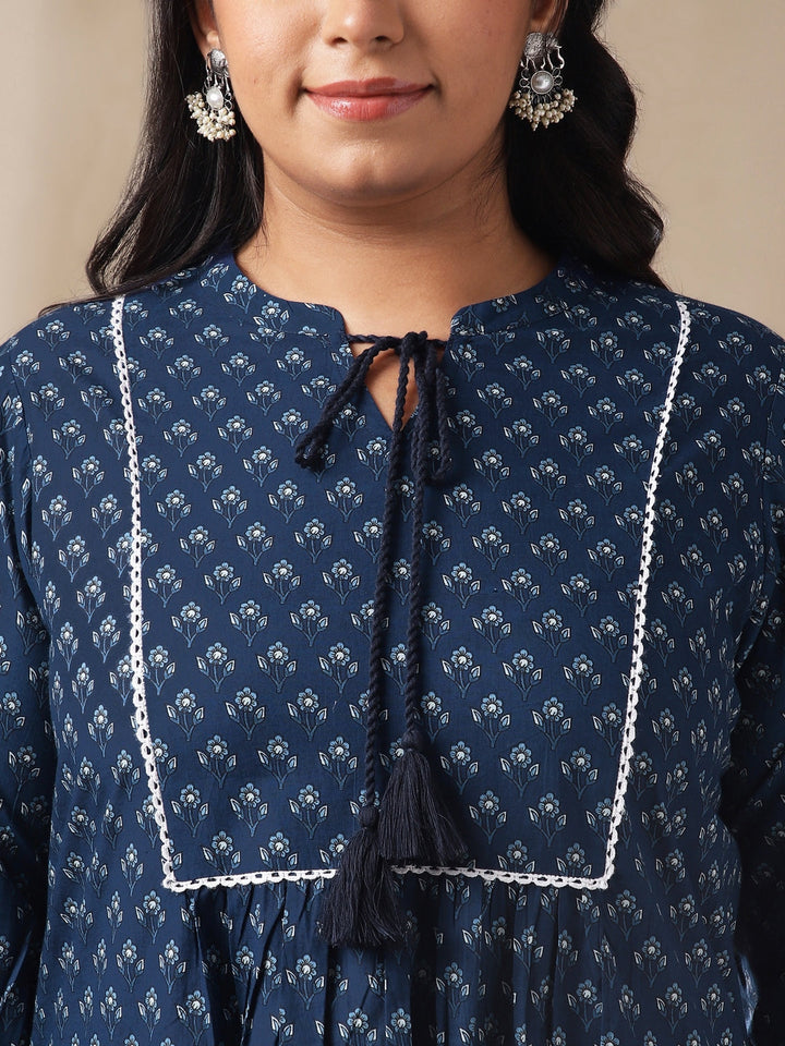 Plus Size Indigo Cotton Floral A-Line Kurta  - By Janasya