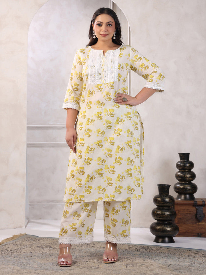 Plus Size Off White Pure Cotton Floral Printed Straight Kurta Set  - By Janasya