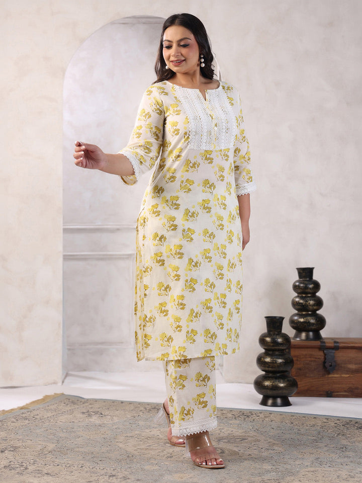 Plus Size Off White Pure Cotton Floral Printed Straight Kurta Set  - By Janasya