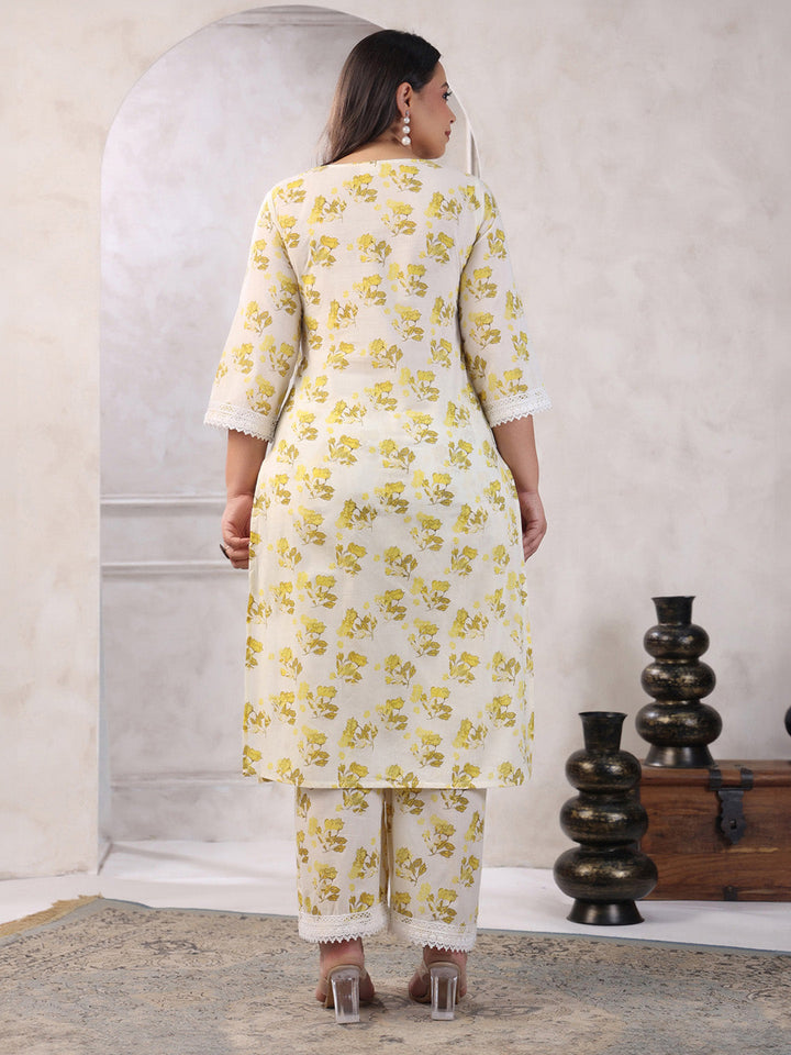 Plus Size Off White Pure Cotton Floral Printed Straight Kurta Set  - By Janasya