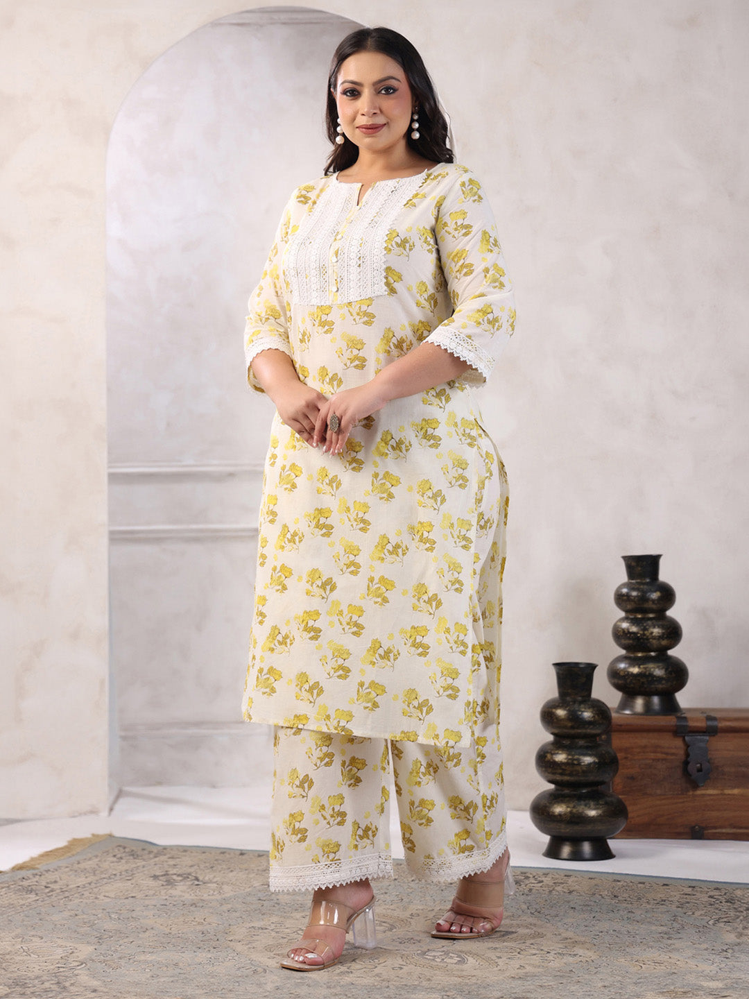 Plus Size Off White Pure Cotton Floral Printed Straight Kurta Set  - By Janasya