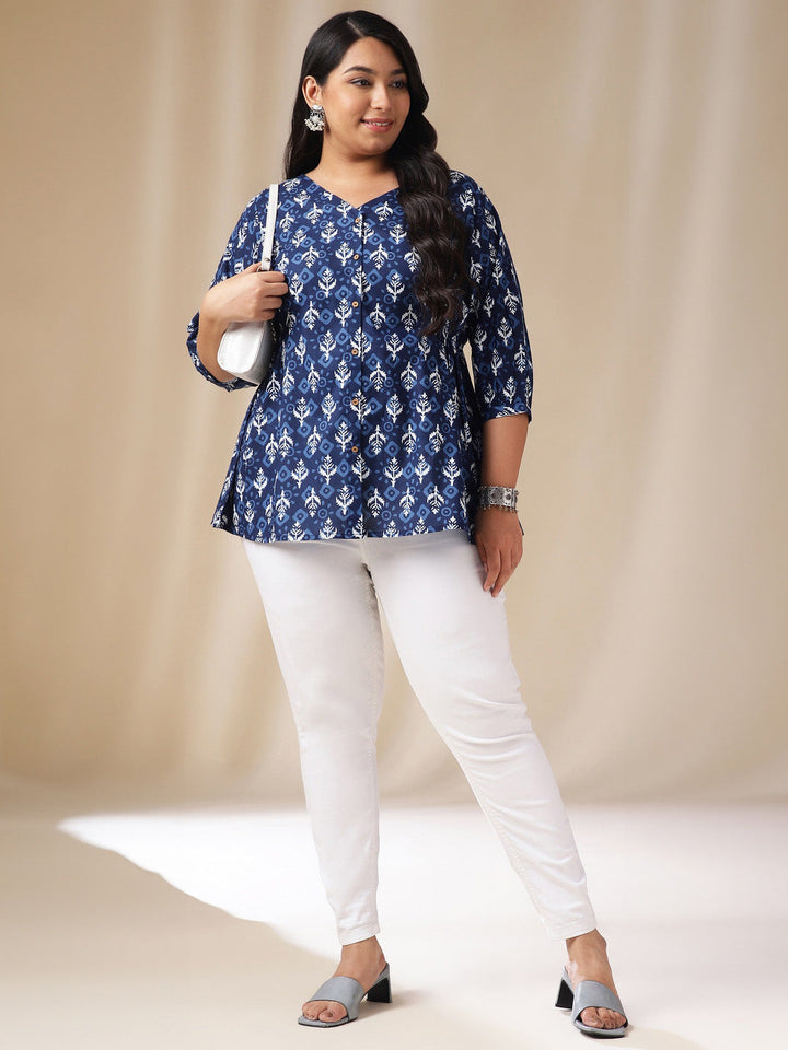 Indigo Cotton Ethnic Motifs Regular Top  - By Janasya