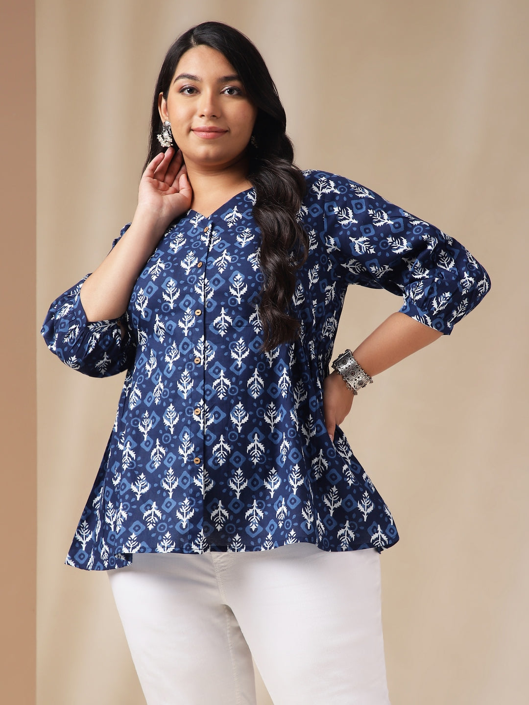 Indigo Cotton Ethnic Motifs Regular Top  - By Janasya