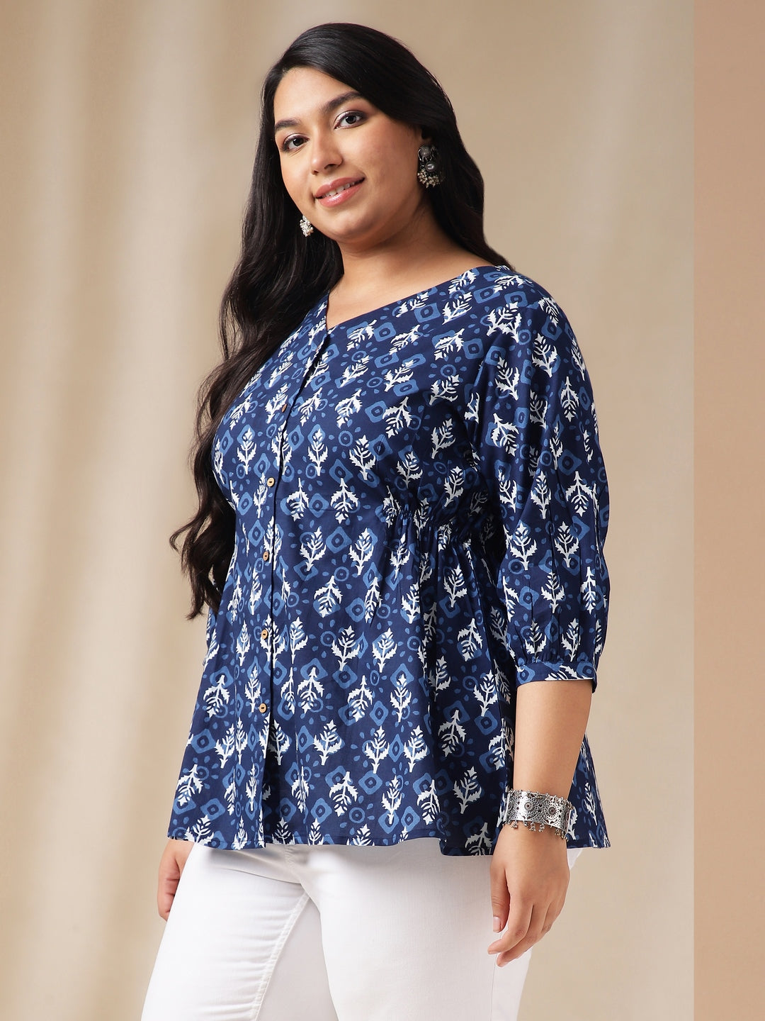 Indigo Cotton Ethnic Motifs Regular Top  - By Janasya